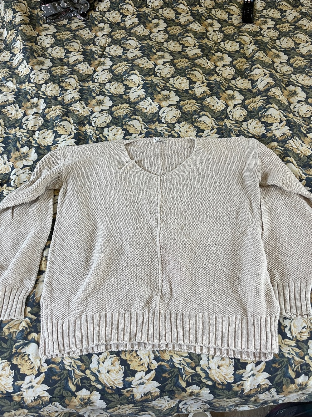 Avalon Taupe V-Neck Textured Knit Sweater - Women